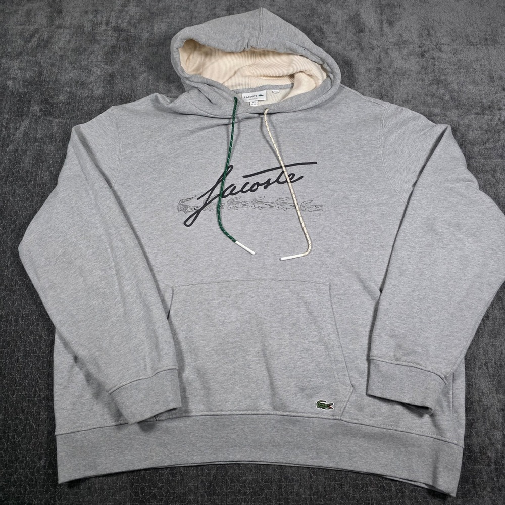 Lacoste Hoodie Mens 3XL Gray Script Logo Waffle Lined Hood Pullover Sweatshirt